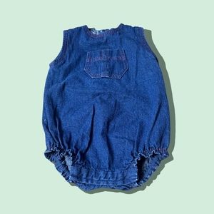 Vintage Baby Unbranded Denim One Piece With Red Button Details- No Size Tag